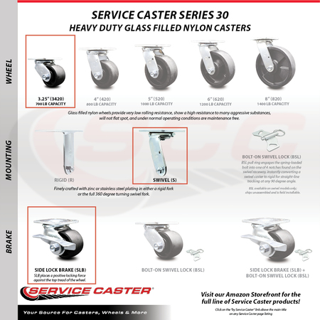 Service Caster 3.25 Inch Glass Filled Nylon Swivel Caster with Ball Bearing and Brake SCC SCC-30CS3420-GFNB-SLB